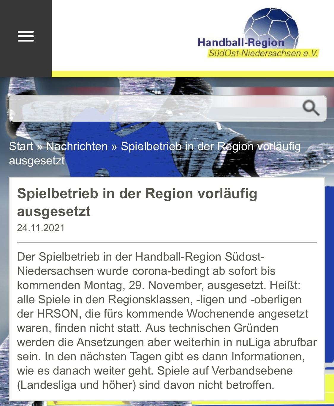Spielbetrieb auf HRSON-Ebene ausgesetzt
