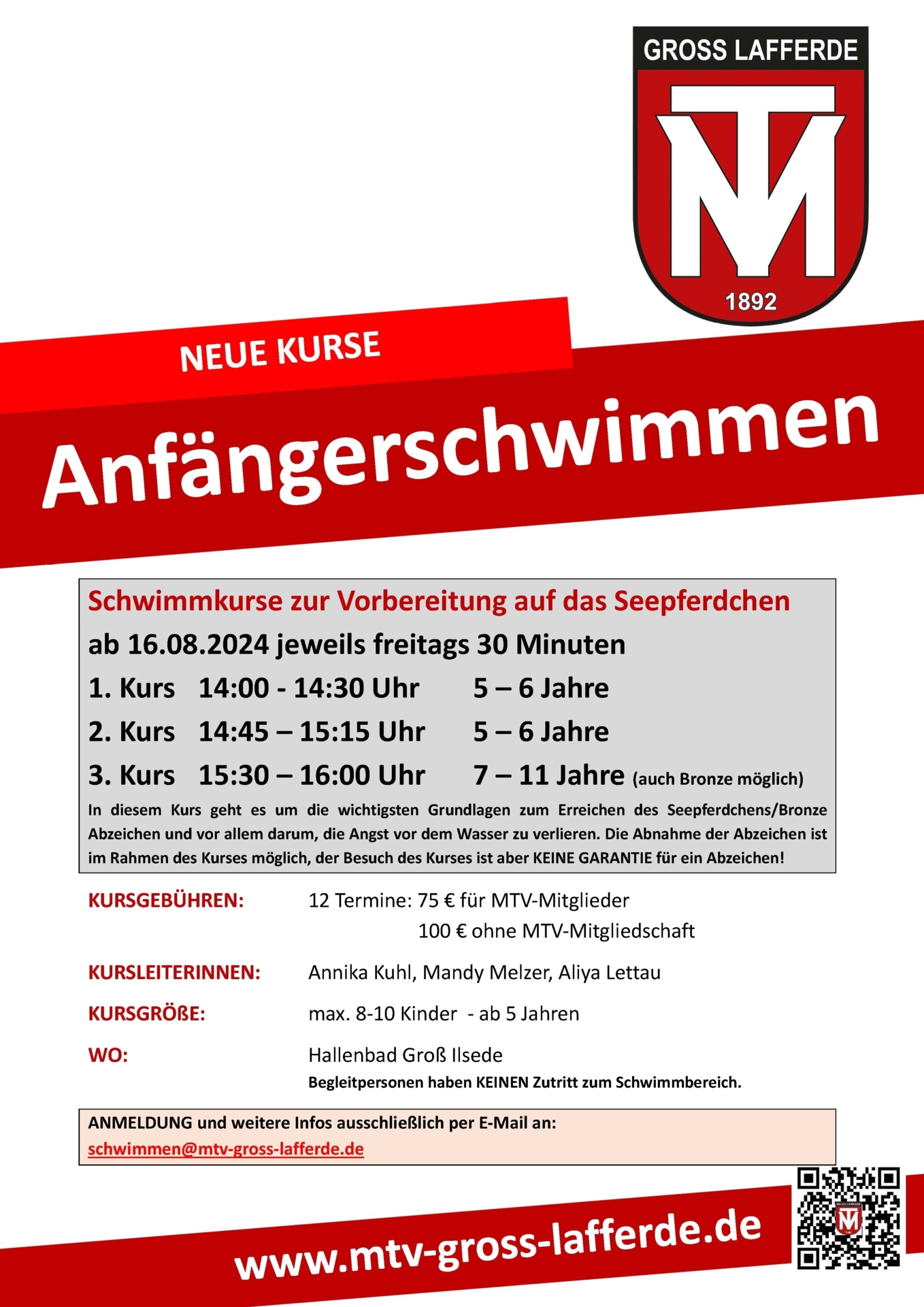 Anfängerschwimmen – noch wenige Plätze frei